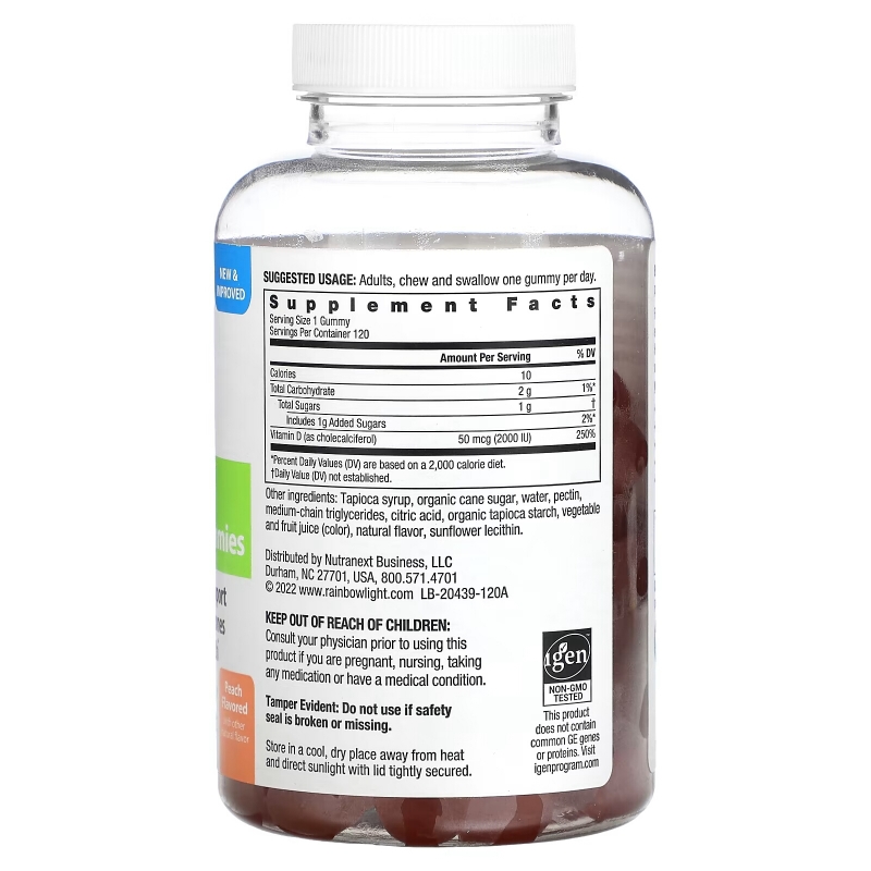 Rainbow Light, Высокоэффективный витамин D3, персик, 2000 МЕ, 120 жевательных таблеток