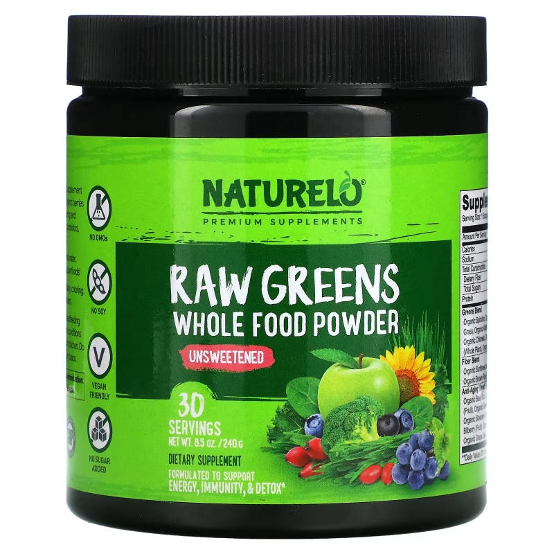 NATURELO, Raw Greens, Whole Food Powder, Unsweetened, 8.5 oz (240 g)