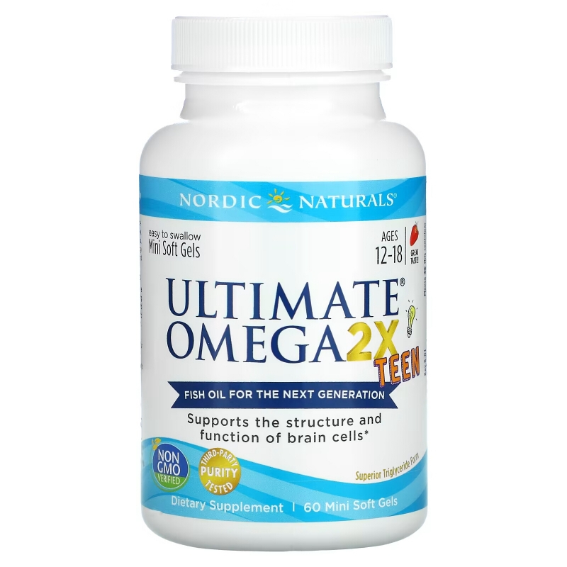 Nordic Naturals, Ultimate Omega 2X Teen, Ages 12-18, Strawberry, 60 Mini Soft Gels