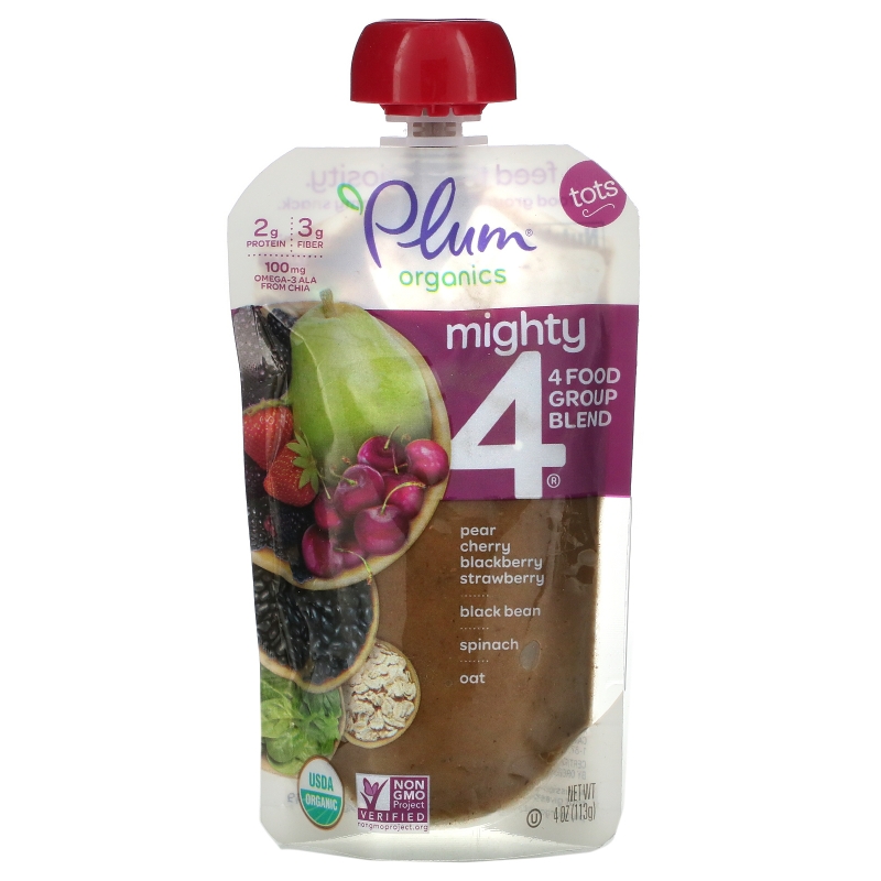 Plum Organics, Might 4, Tots, Essential Nutrition Blend, Spinach, Cherry, Oats, Black Beans, 4 oz (113 g)