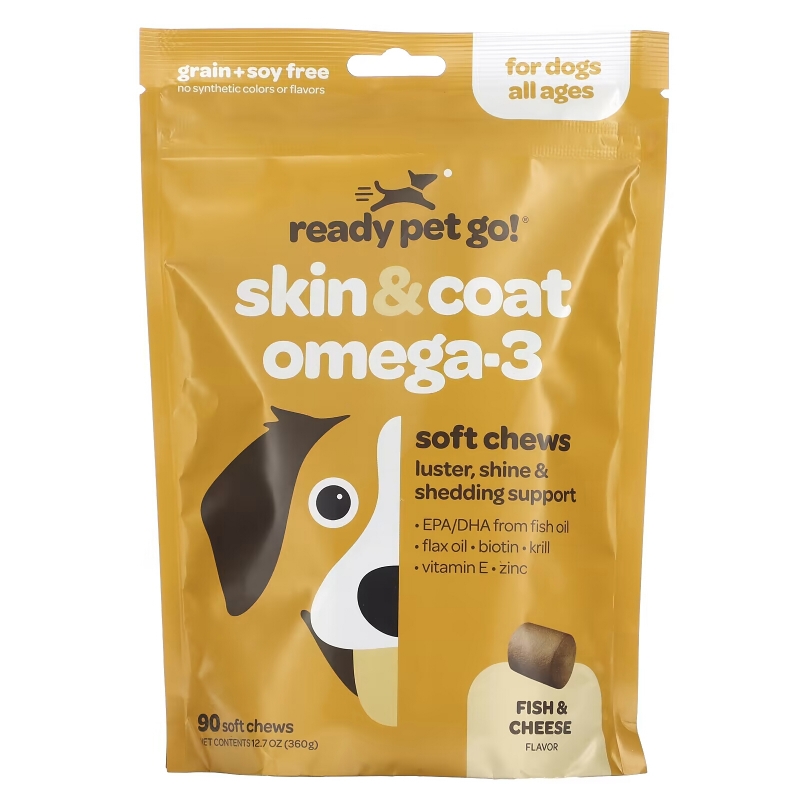 Ready Pet Go, Omega Health Chews, поддержка кожи и шерсти для собак всех возрастов, рыбий жир + сыр, 90 мягких жевательных таблеток