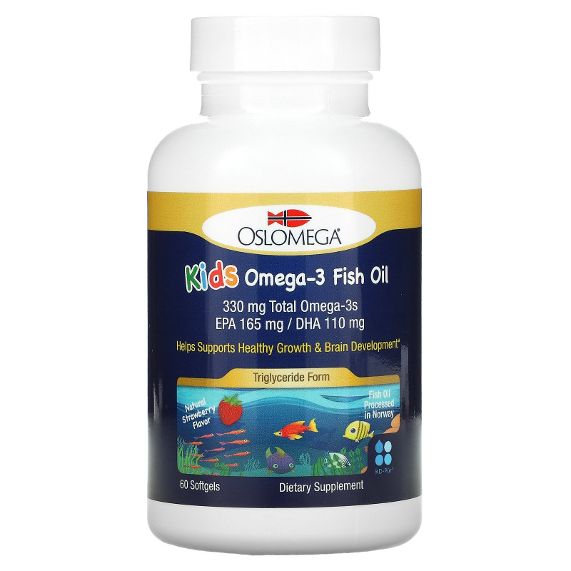 Oslomega, Kids Omega-3 Fish Oil, 165 mg EPA, 110 mg DHA, Natural Strawberry Flavor, 60 Softgels